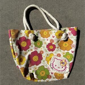 2000s Sanrio Hello Kitty Canvas Floral Rope Tote Bag